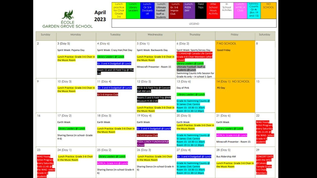 April 2023 Calendar of Student Activities